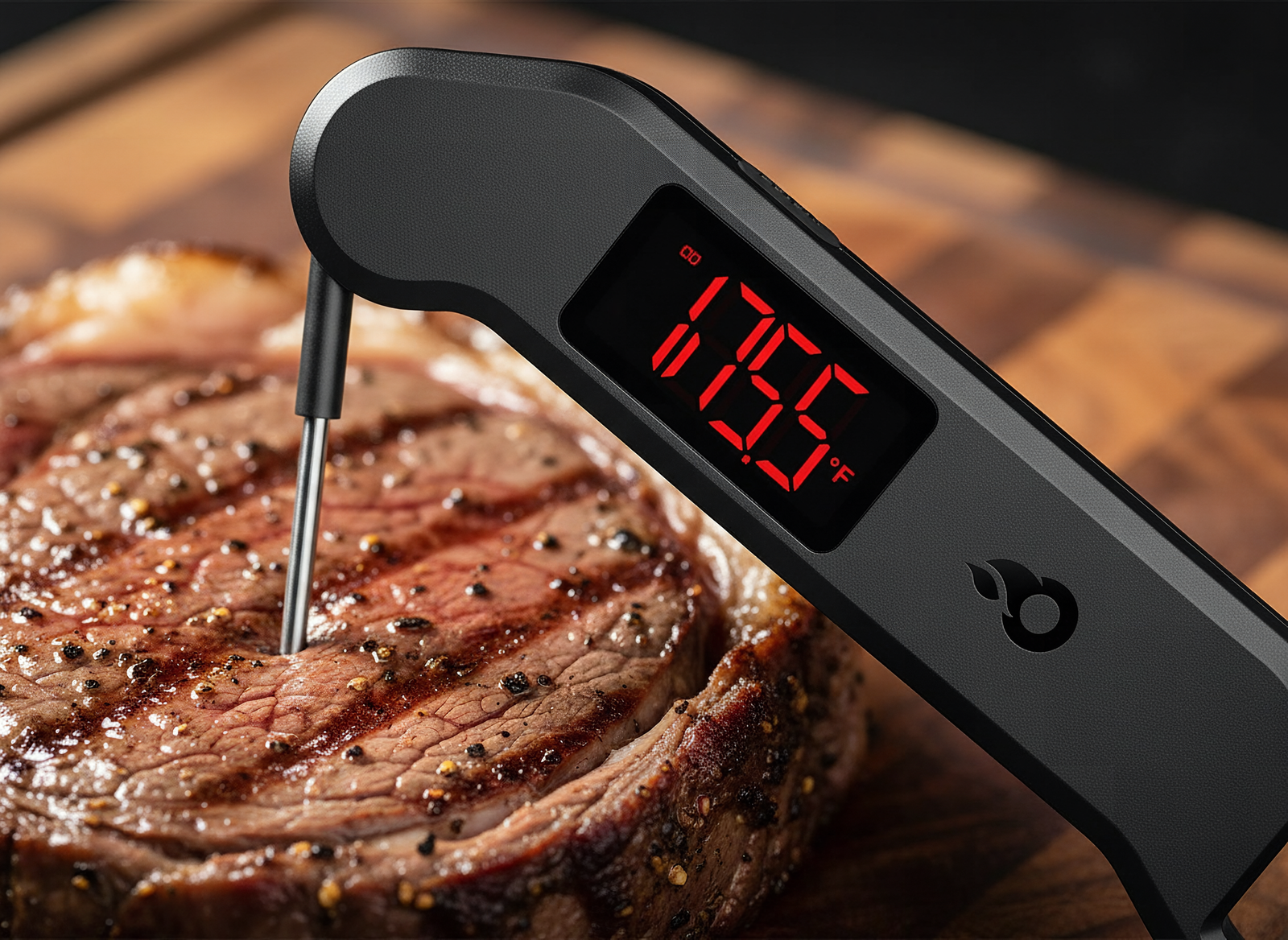 Close-up of digital meat thermometer probe and illuminated LCD display showing instant temperature reading
