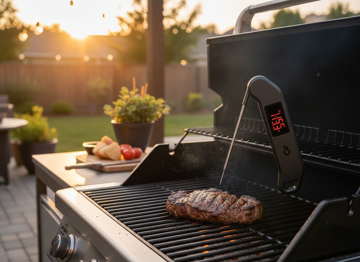 Digital meat thermometer on grill grate next to cooking meat on outdoor barbecue grill at sunset