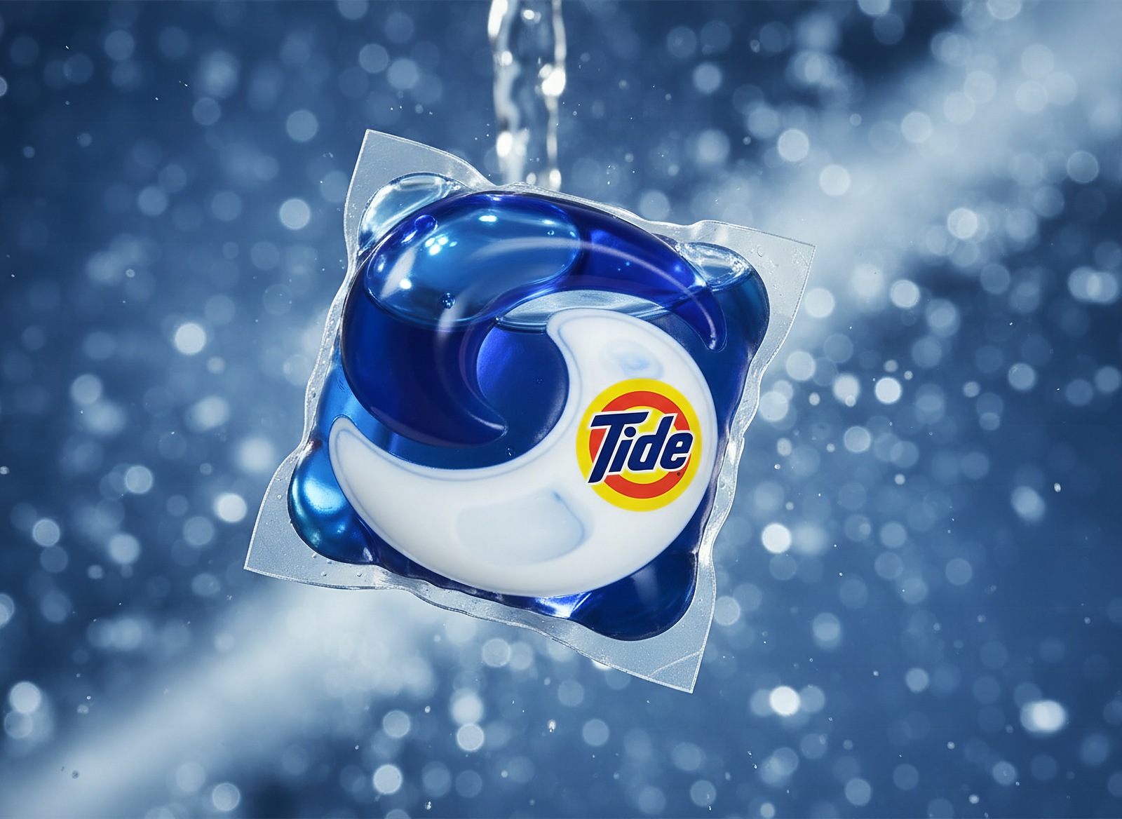 Single Tide Ultra Oxi Pod in extreme close-up showing blue and white detergent pac texture