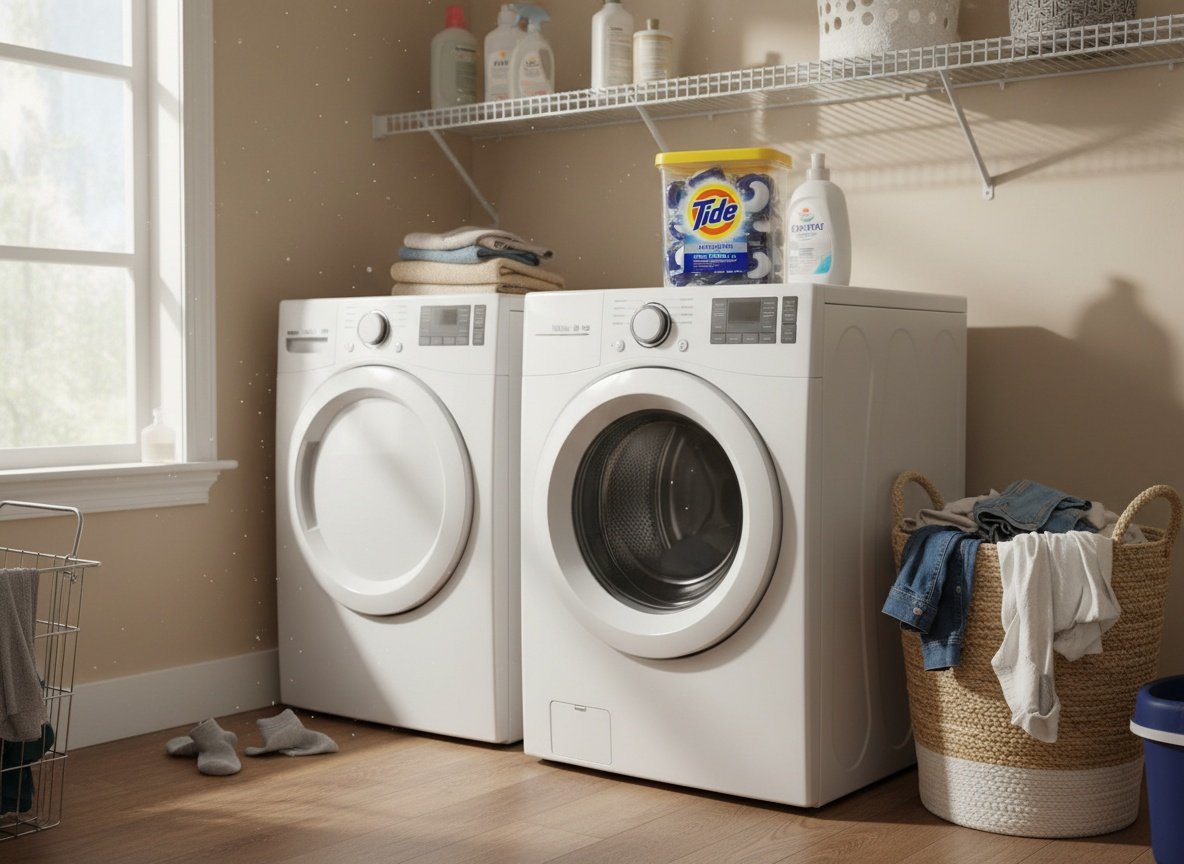 Tide Ultra Oxi Pod container on laundry room shelf surrounded by household cleaning supplies and appliances