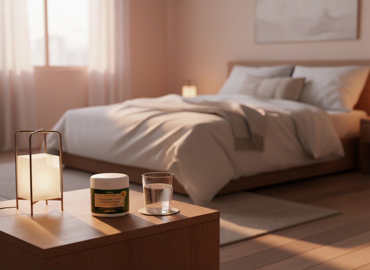 Total Relief Magnesium Cream on a bedroom nightstand with lamp and glass of water, evening lighting