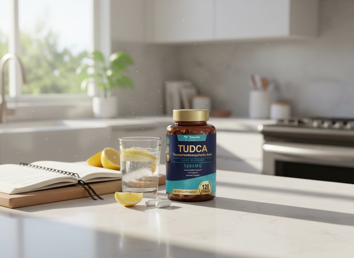 TUDCA bottle on sunlit kitchen counter with water glass and wellness journal, product in real-home setting