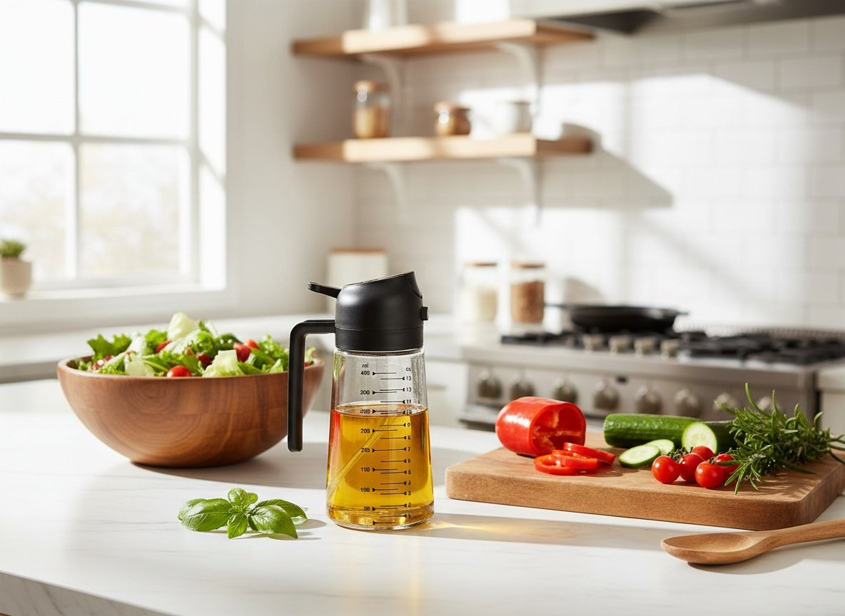 Black glass oil sprayer on kitchen counter surrounded by fresh salad ingredients and cooking utensils