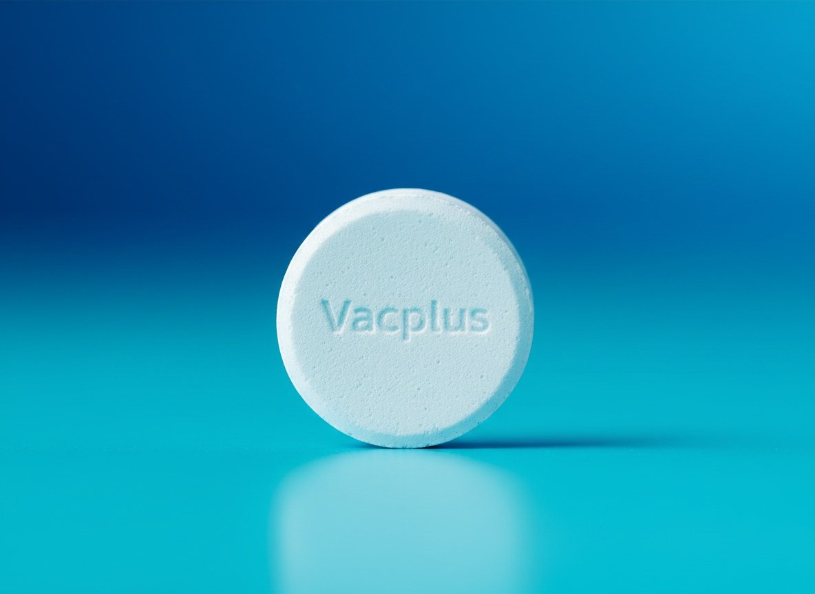 Single Vacplus toilet bowl cleaner tablet in extreme close-up, showing blue-white compressed disc texture with shallow depth of fi