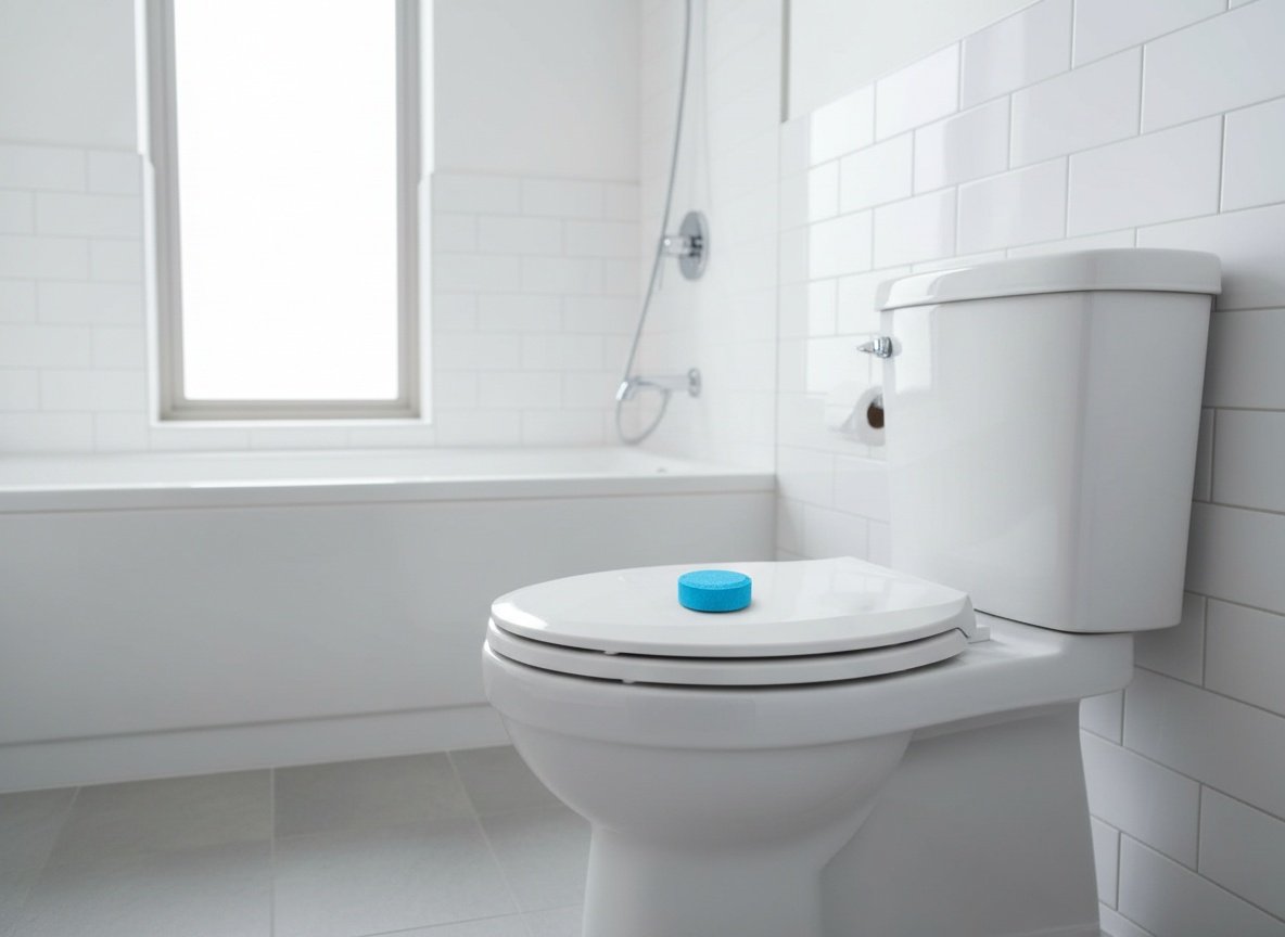Bathroom interior with Vacplus cleaner tablet placed on toilet tank, showing product in real home environment with natural lightin