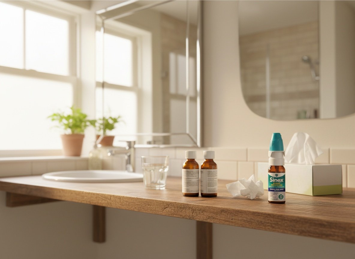 Vicks Sinex Severe spray bottle on a bathroom vanity shelf surrounded by tissues and other cold remedies