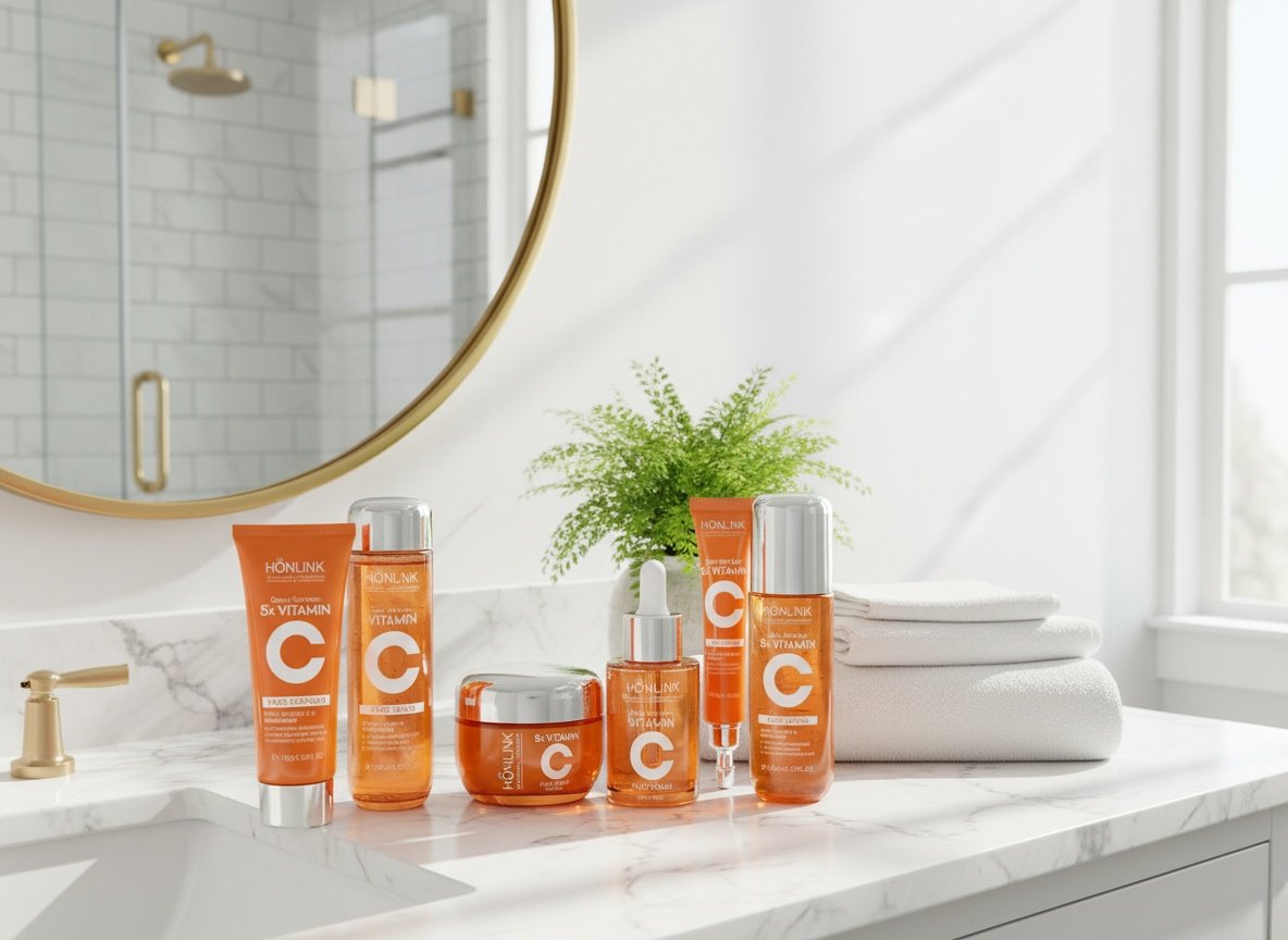 Complete six-piece skincare set displayed on a bright bathroom vanity with mirror and accessories