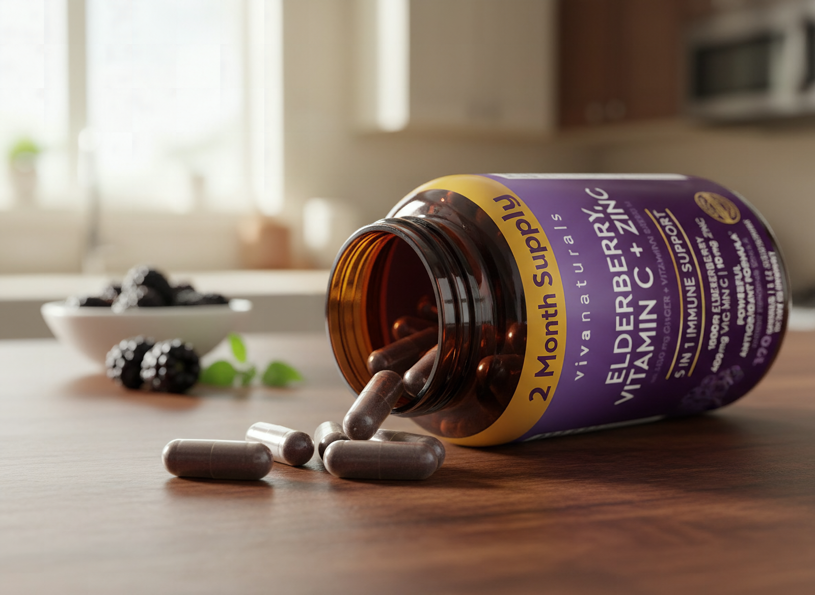 Macro close-up of Viva Naturals black elderberry capsules pouring from an open bottle with selective focus