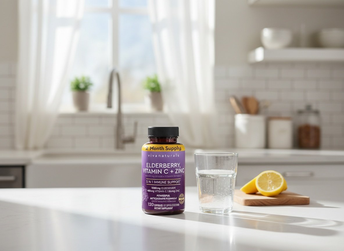 Elderberry supplement bottle on a sunny kitchen counter next to water and citrus, showing home wellness setting