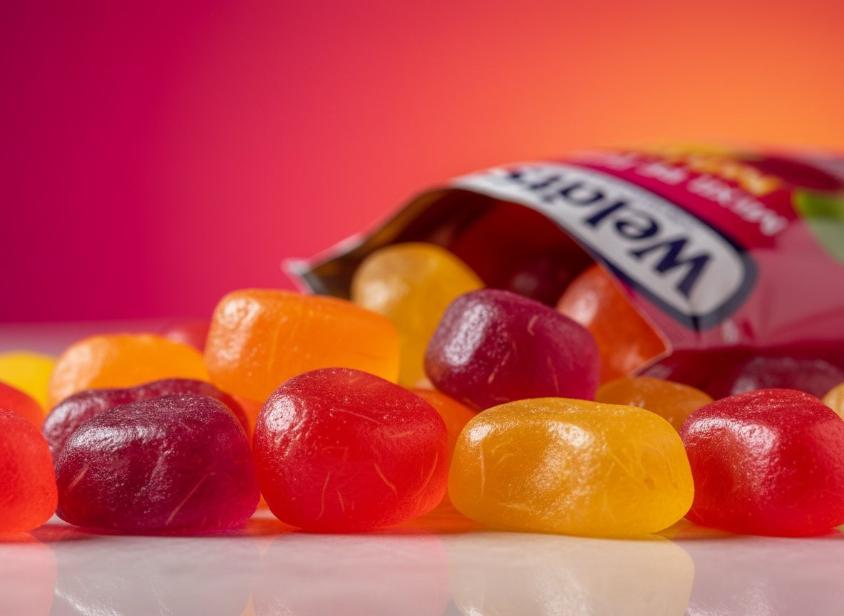 Macro close-up of colorful Welch's fruit snacks showing red, purple, orange, and yellow pieces with glossy surfaces