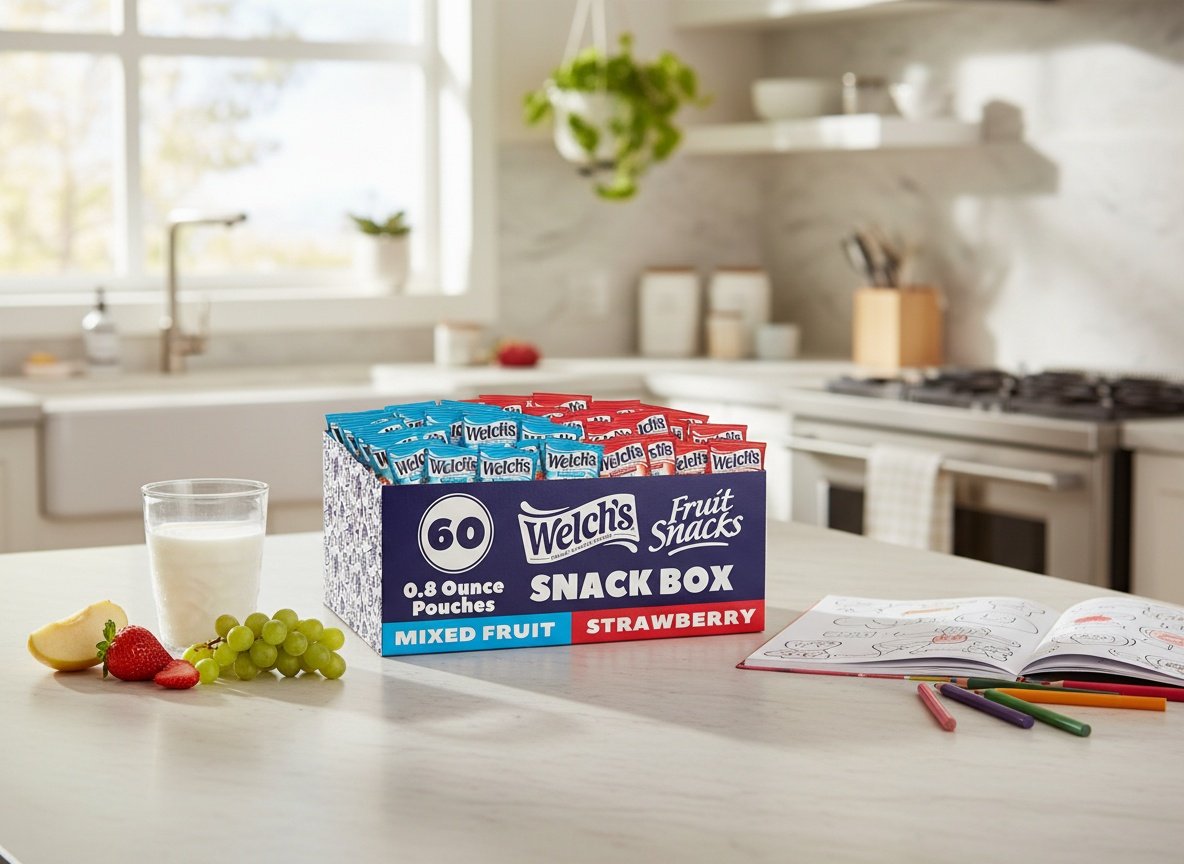 Welch's fruit snack box on a bright kitchen counter surrounded by fresh fruit, milk glass, and coloring book