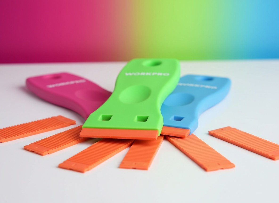Three plastic razor scrapers with replacement blades in extreme close-up detail shot