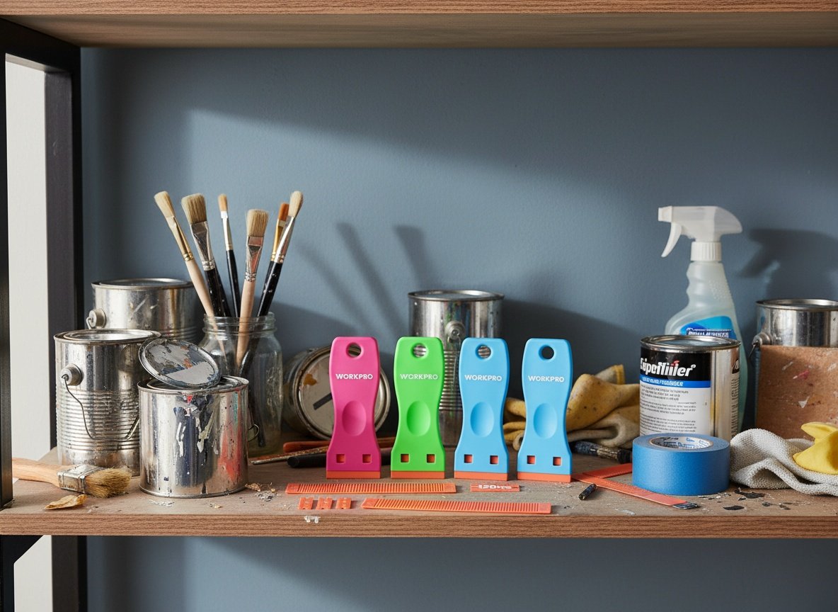 Plastic razor blade scraper kit positioned on a workshop shelf surrounded by other home maintenance tools