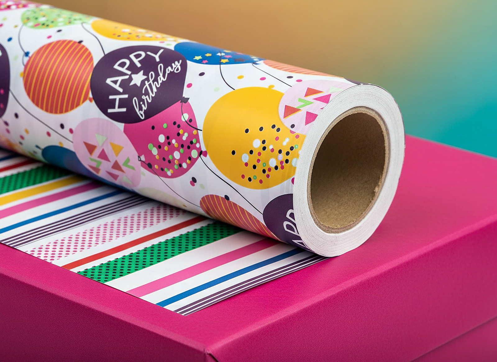 Macro detail of WRAPAHOLIC reversible wrapping paper showing bright balloons and confetti pattern up close