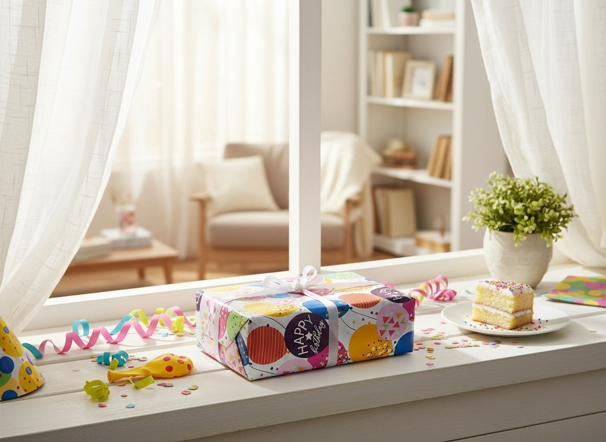 Wrapped birthday present with WRAPAHOLIC balloon paper displayed on windowsill in bright living room setting