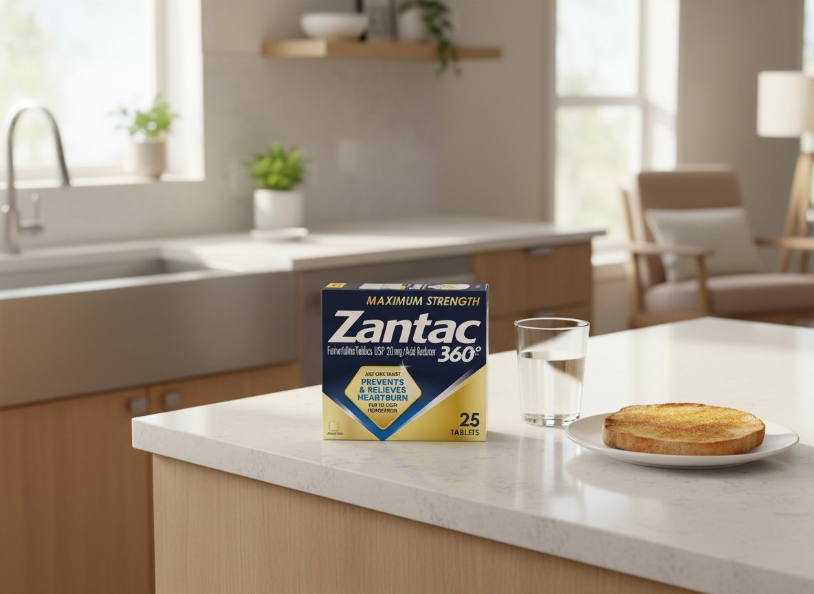 Zantac 360 bottle displayed on kitchen counter next to water glass and breakfast, daytime kitchen environment