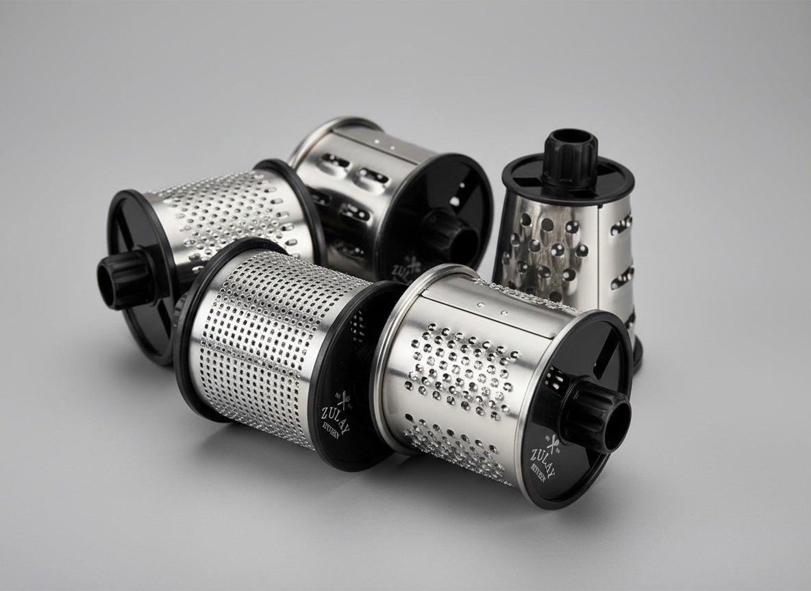 Five interchangeable cheese grater drums displayed close-up showing different blade sizes and textures