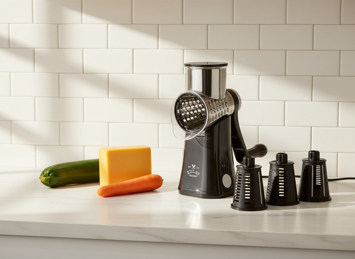 Cheese grater on a kitchen counter surrounded by vegetables and ingredients ready for shredding