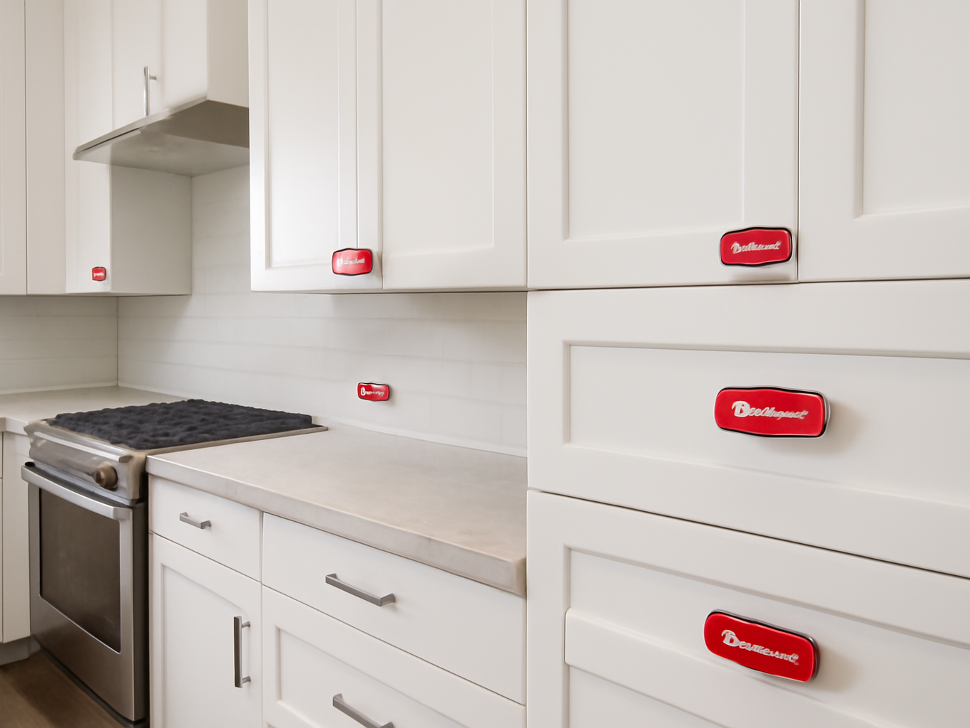 Kitchen cabinetry with multiple magnetic door catches installed across drawers and cabinet fronts in a real-room setting