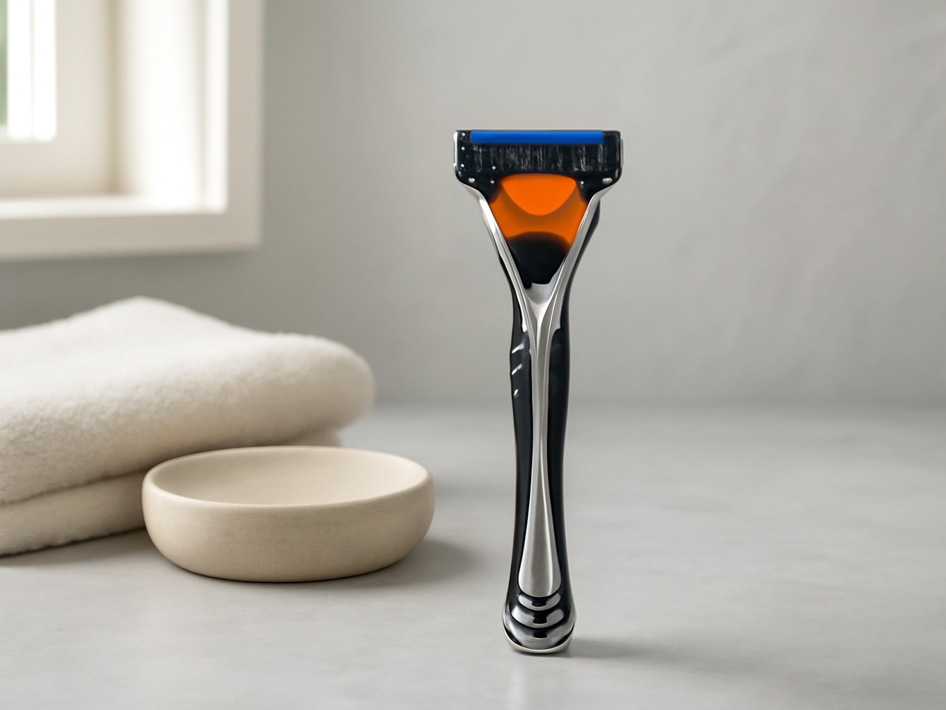 Black razor with handle displayed on a bathroom vanity counter next to soap dish and folded towel