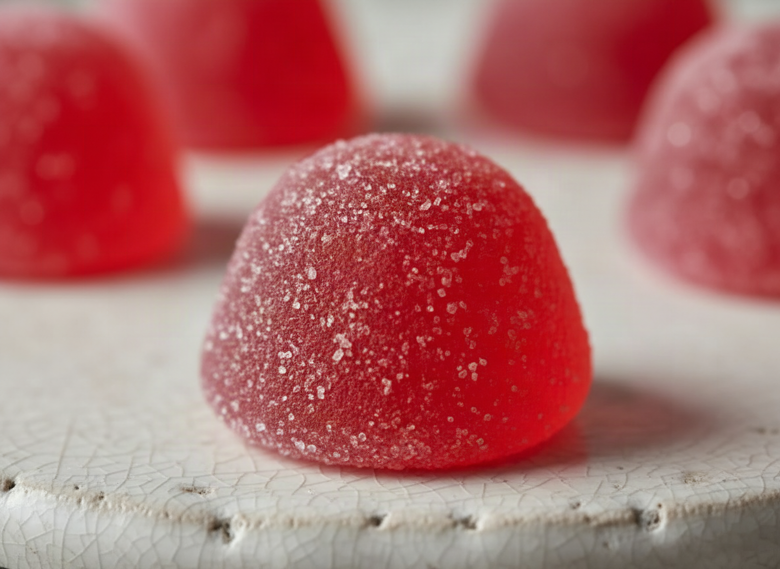 Close-up of a single strawberry melatonin gummy with translucent texture and warm lighting