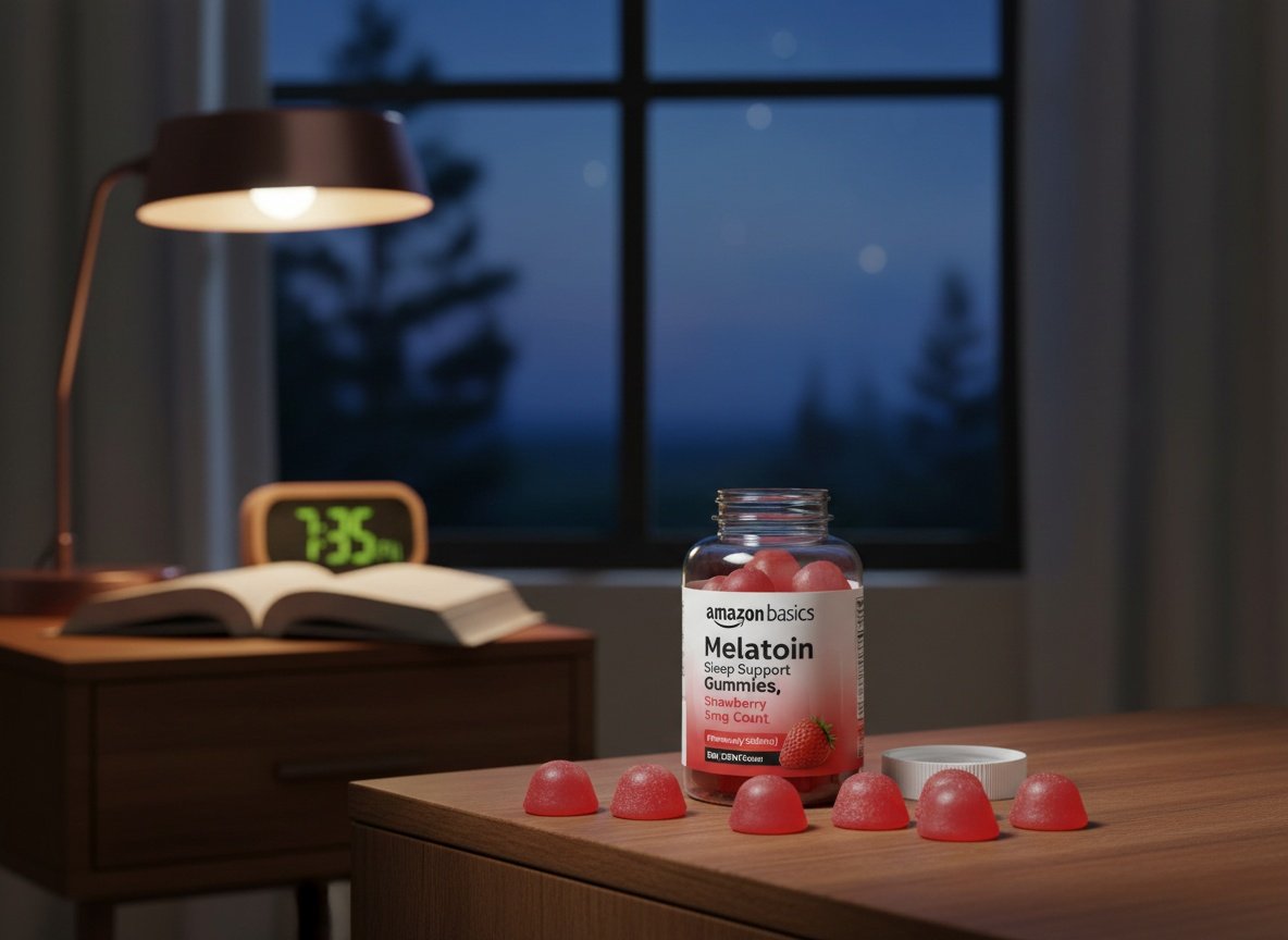 Melatonin gummy bottle on a bedroom nightstand with lamp, clock, and book at twilight