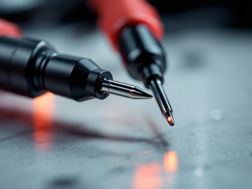 V500 PRO tester's digital display and metal probe tips in macro detail with shallow focus