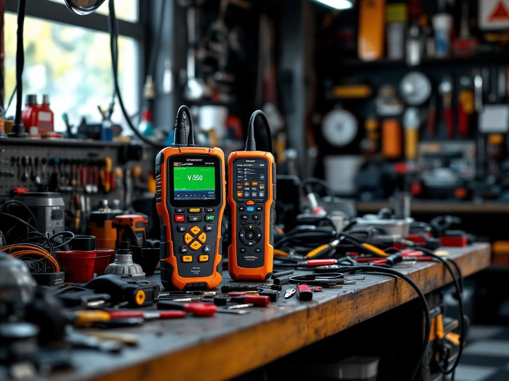 V500 PRO tester on automotive workbench amid tools and engine components in a garage setting
