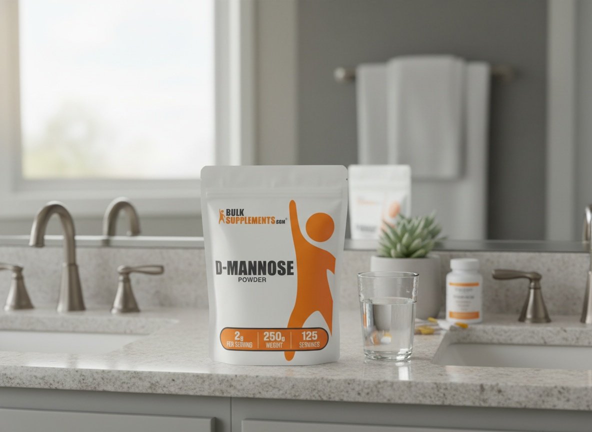 D-Mannose powder container on a bathroom vanity with water glass and wellness items in natural morning light