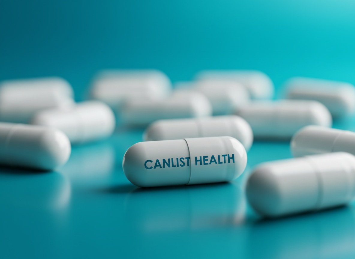 Macro close-up of CANLIST probiotic capsules with selective focus on individual pills against a white background