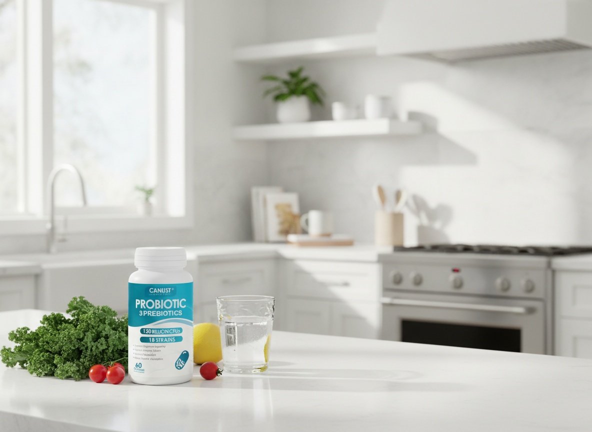CANLIST probiotics bottle displayed on a sunlit kitchen counter surrounded by fresh produce and a water glass