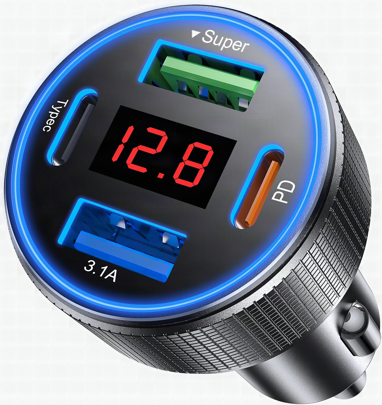 Close-up of 4-port car charger showing USB-C and USB-A ports with illuminated voltmeter display