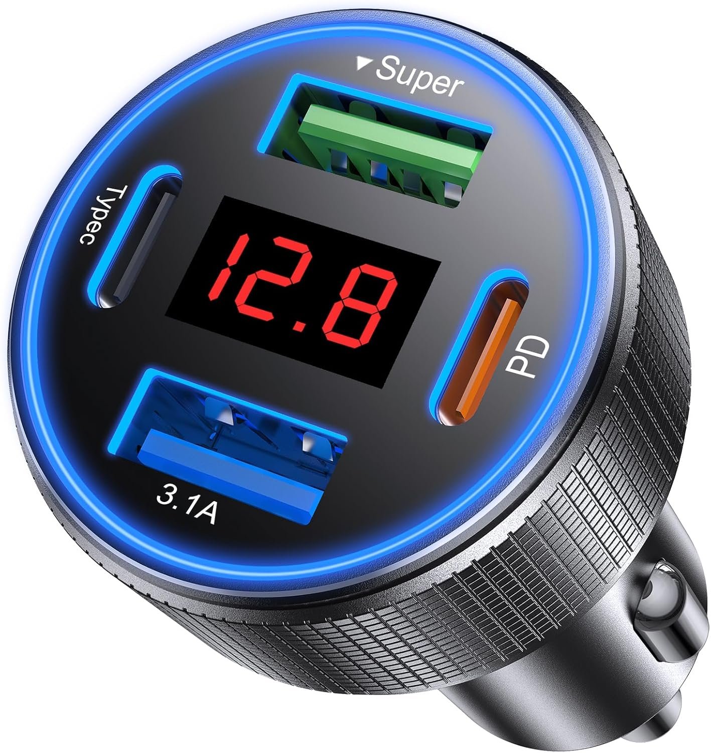 Car charger installed in dashboard with phone charging nearby inside vehicle interior
