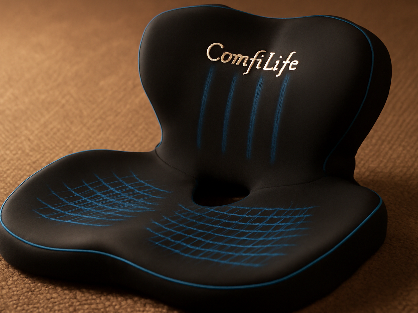 Macro close-up of lumbar support pillow on car seat cushion showing textured memory foam detail