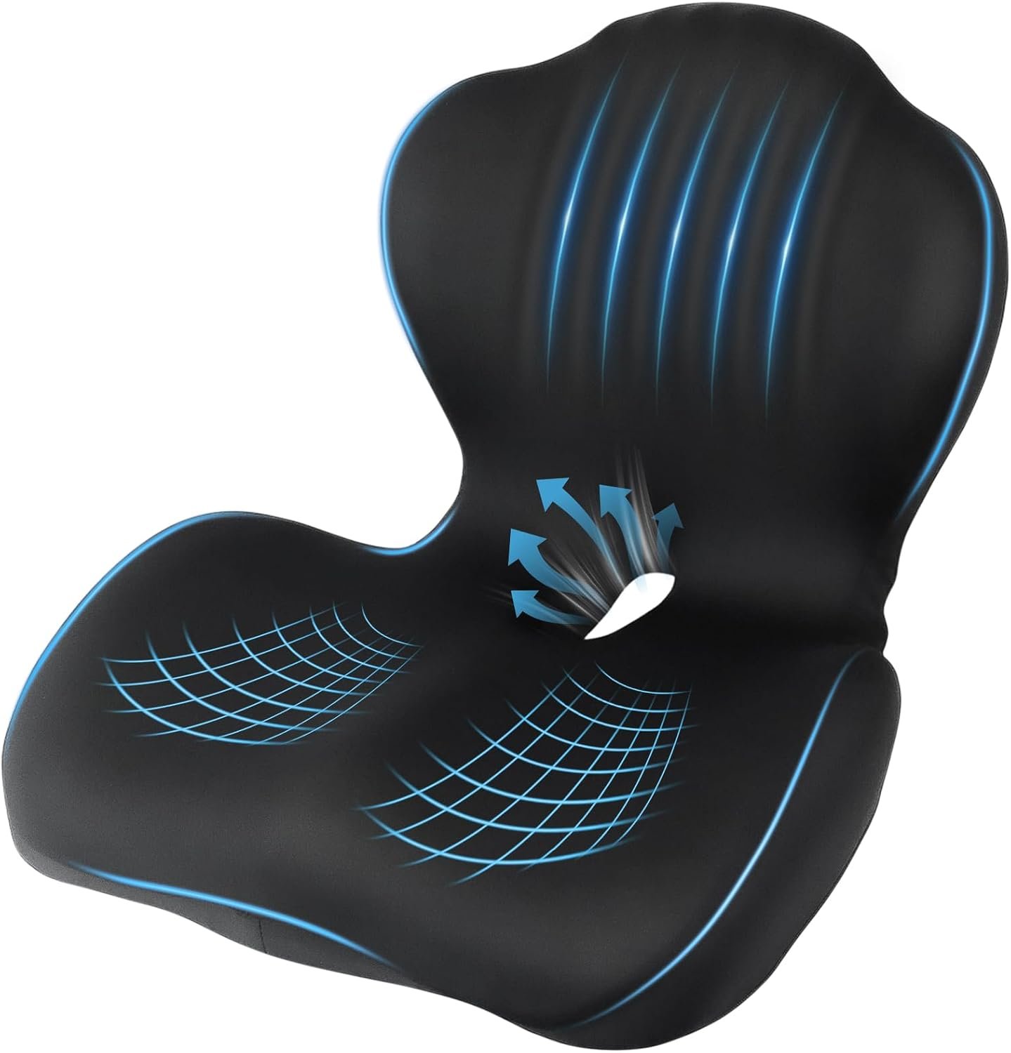 Office chair with car seat cushion and lumbar pillow at wooden desk in bright home office setting