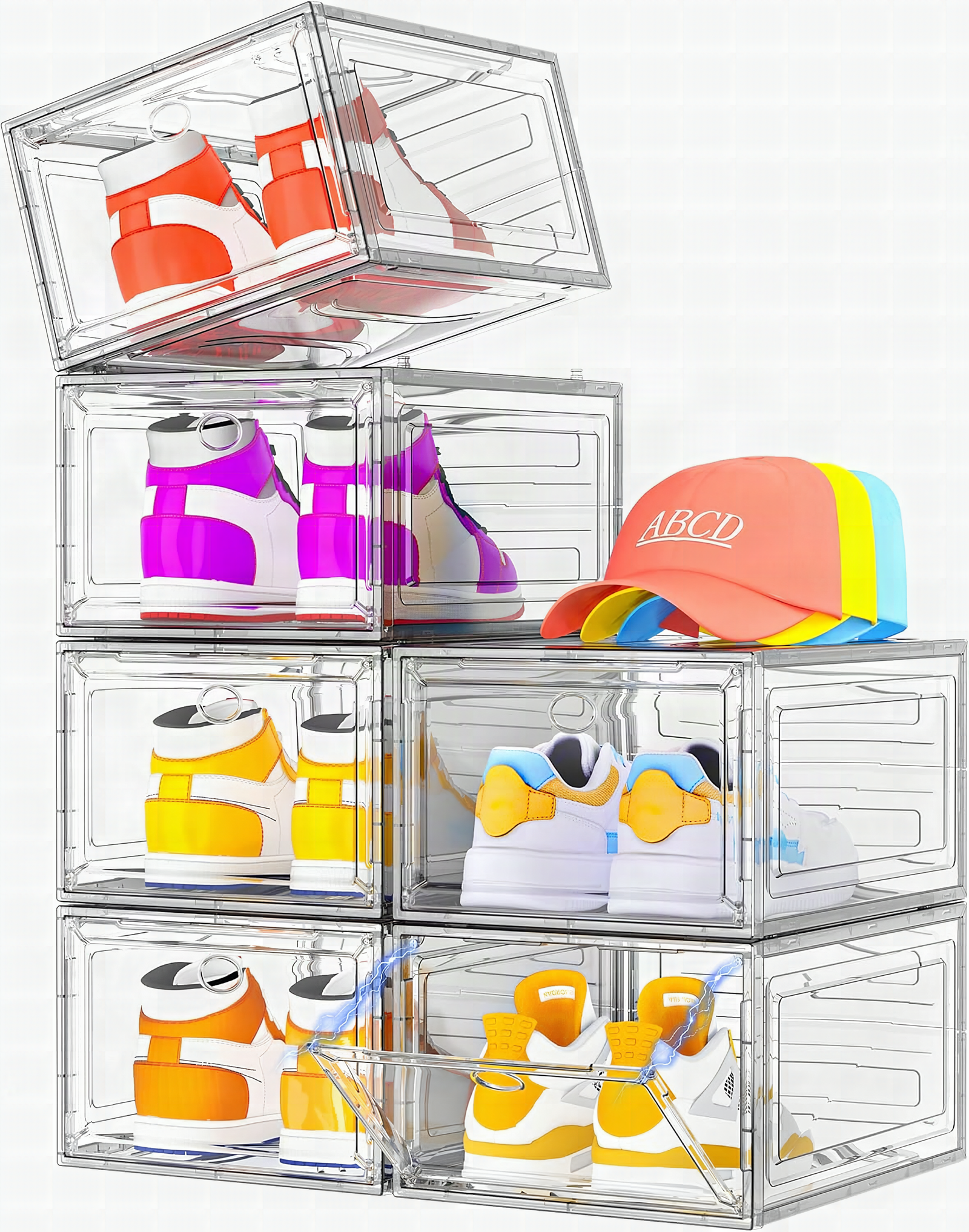 Macro close-up of clear shoe organizer box showing magnetic door closure and thick transparent plastic construction