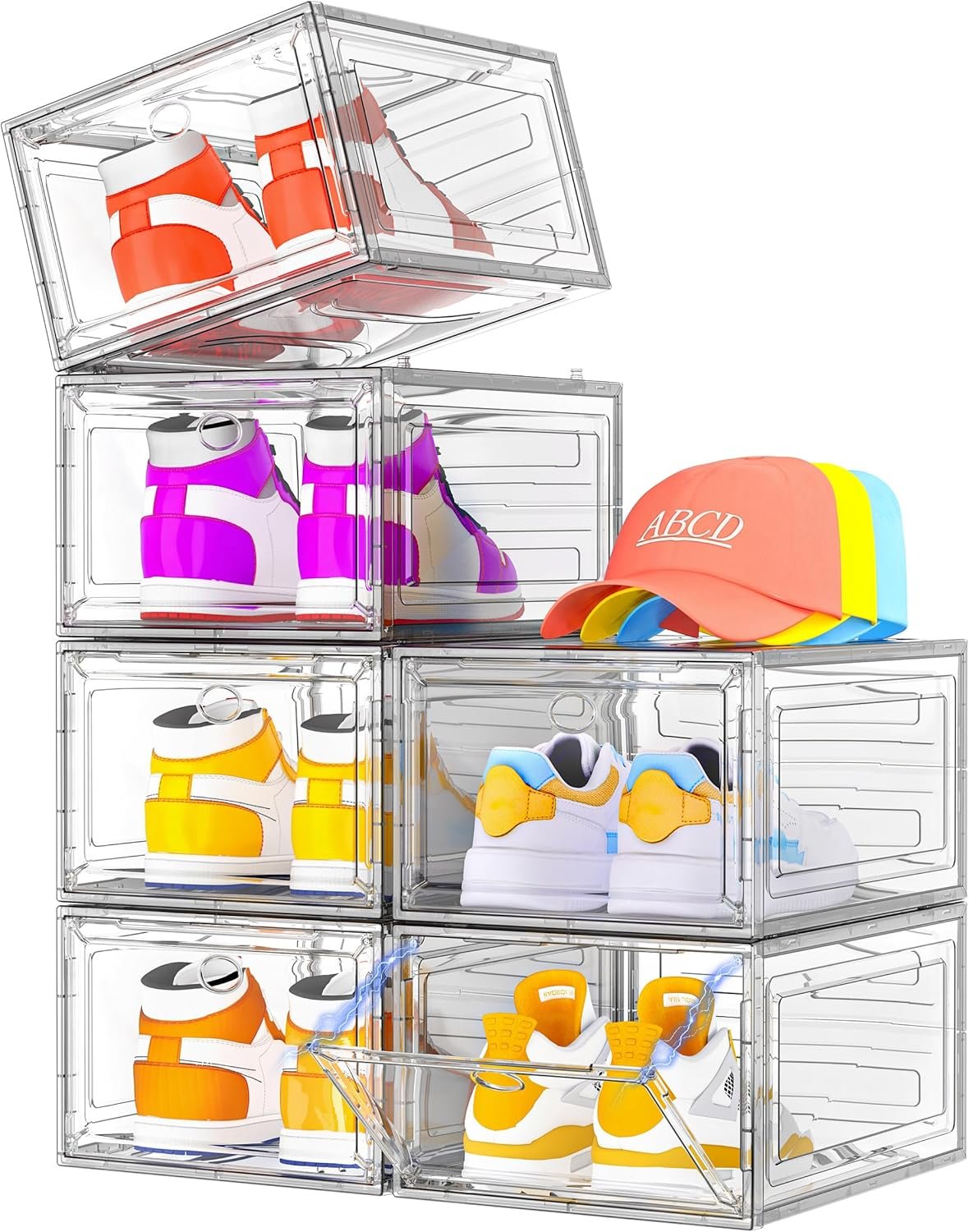 Six stacked white clear shoe boxes organized on a closet shelf within a fully furnished bedroom environment