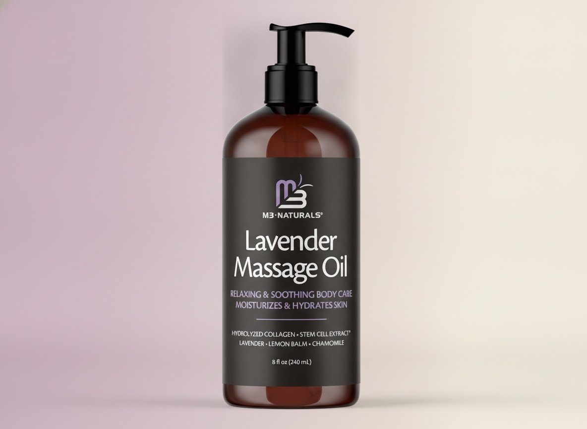 Lavender Sensual Massage Oil with Collagen and Stem Cells, 8 fl oz by M3 | Fast-Absorbing Massage Oil with Lemon Balm & Chamomile, Relaxing & Soothing Body Care, Moisturizes & Hydrates Dry Skin Back to School sale deal image 1