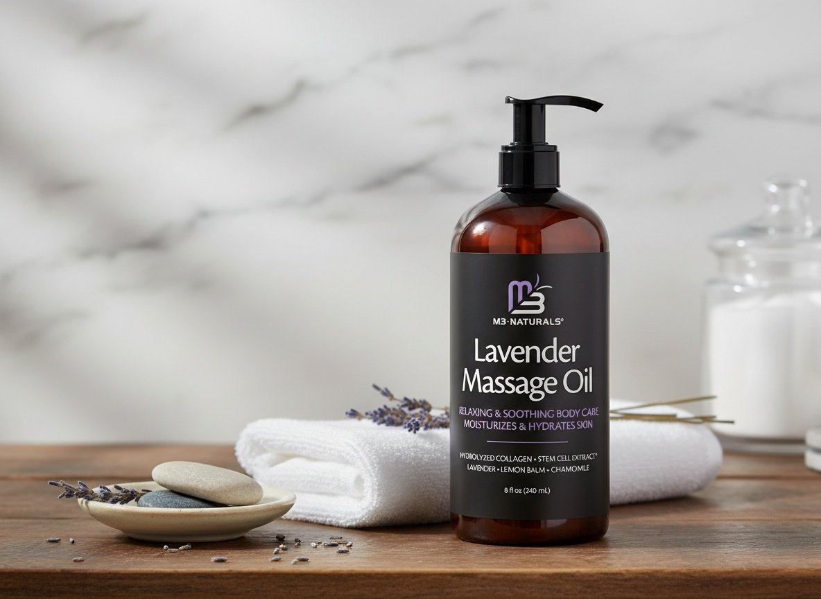 Lavender Sensual Massage Oil with Collagen and Stem Cells, 8 fl oz by M3 | Fast-Absorbing Massage Oil with Lemon Balm & Chamomile, Relaxing & Soothing Body Care, Moisturizes & Hydrates Dry Skin Back to School sale deal image 2