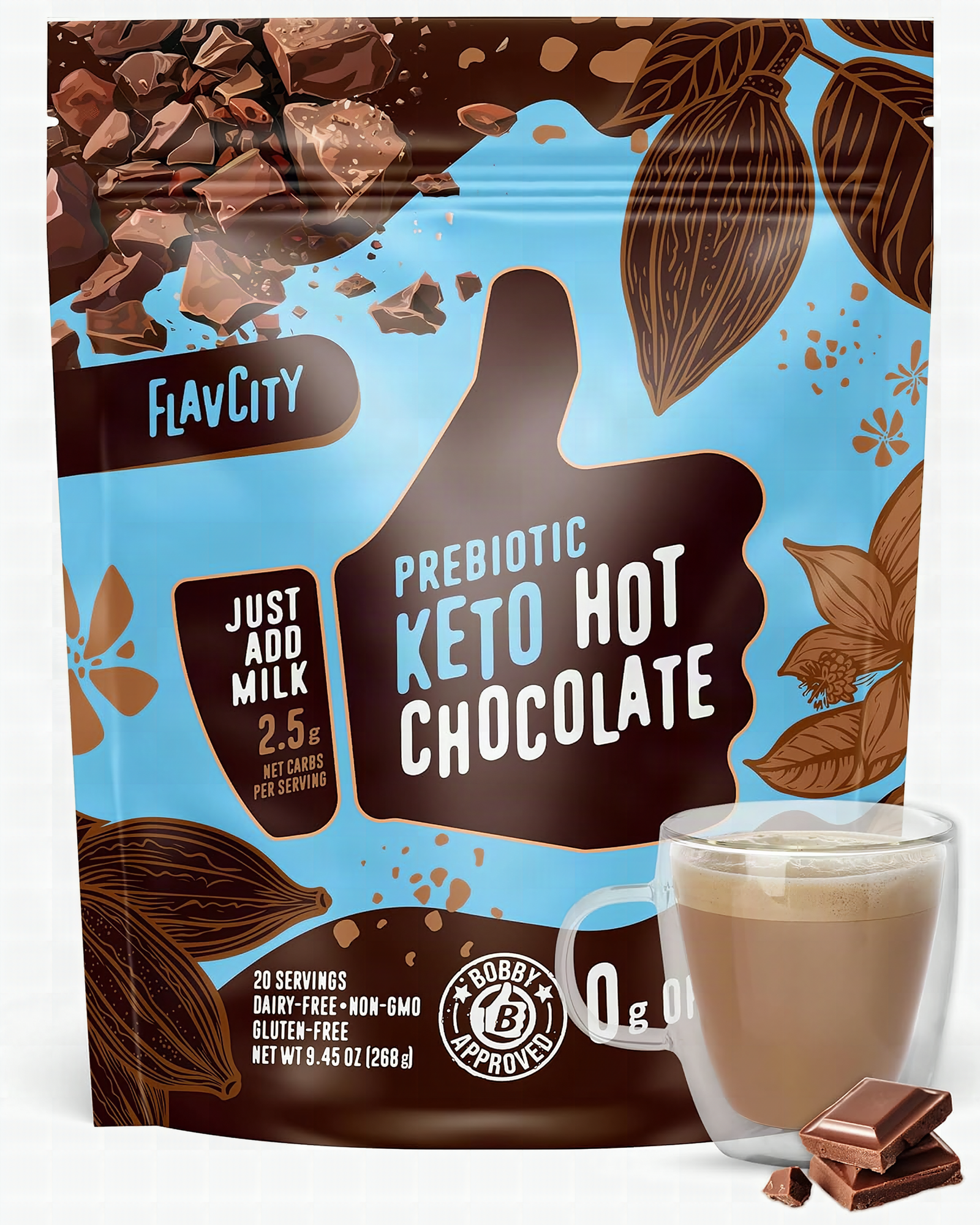 Macro close-up of FlavCity Keto Hot Chocolate powder showing rich cocoa texture and cinnamon spice particles