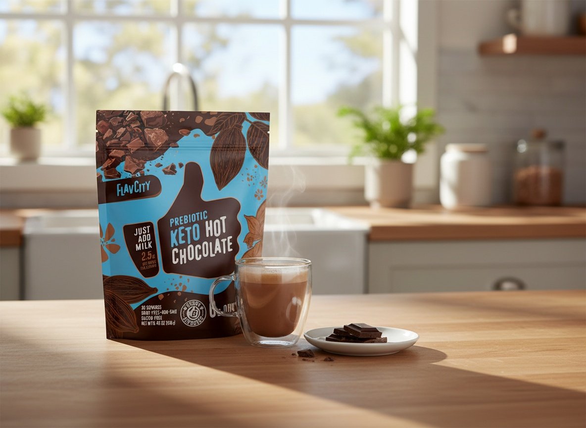 FlavCity Keto Hot Chocolate mix on kitchen counter next to a prepared mug of hot chocolate in a bright morning kitchen