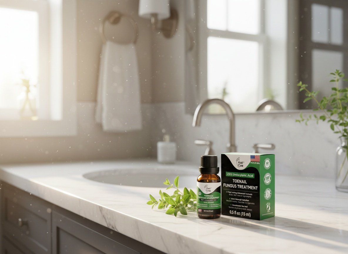 Foot Cure fungus treatment bottle on a bathroom vanity shelf with fresh herbs and natural light