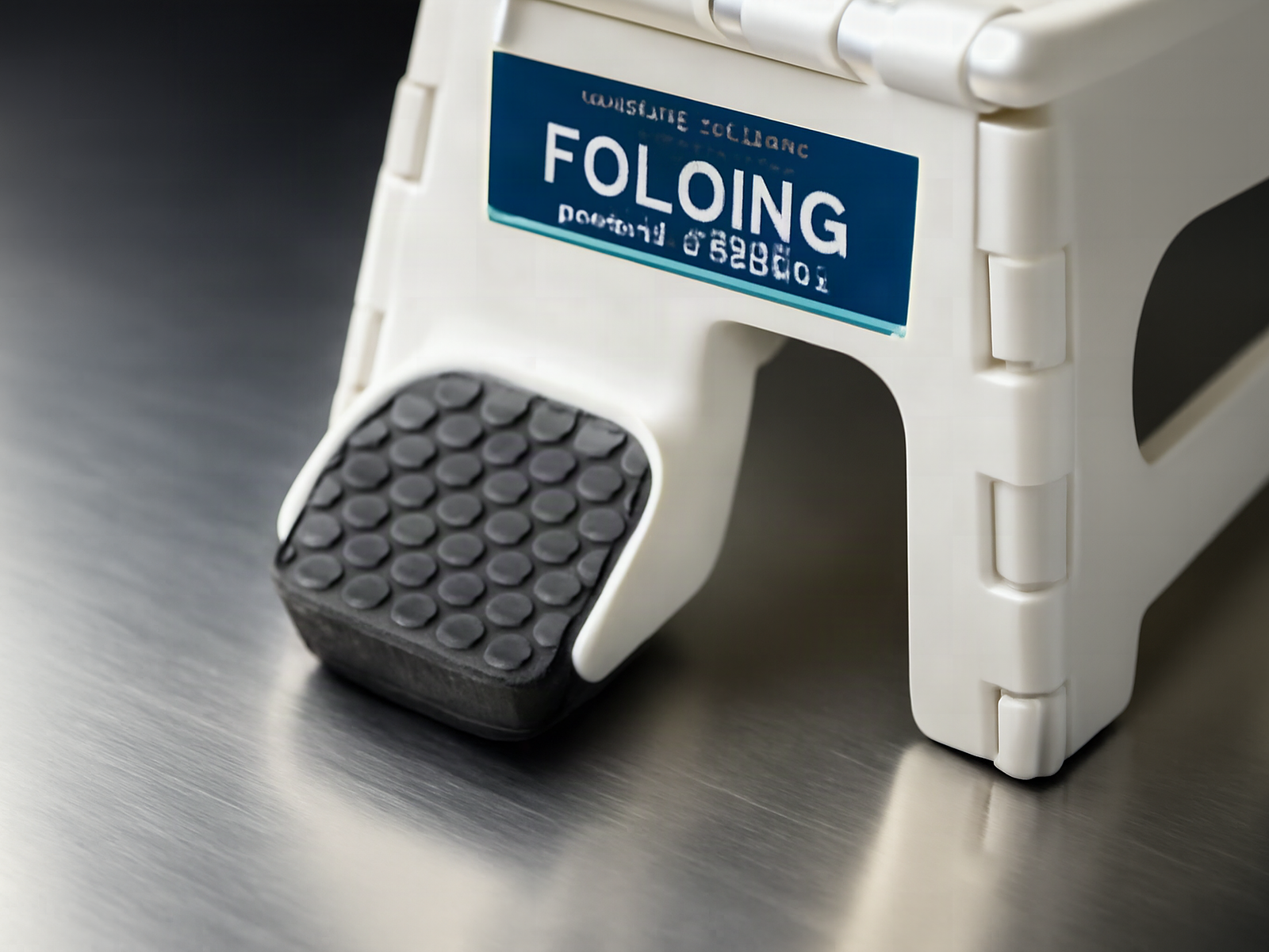 Macro close-up of white step stool's textured non-slip rubber foot on stainless steel, sharp detail