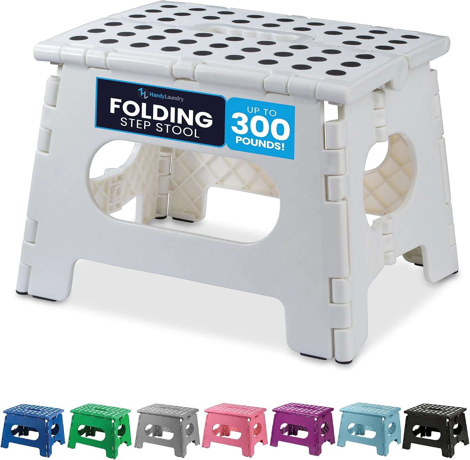 Folded white step stool positioned on kitchen floor next to refrigerator cabinet in full room setting