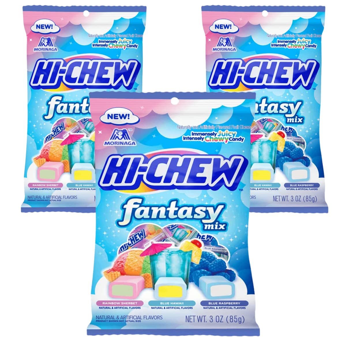 Hi Chew candy packs arranged on a kitchen counter with citrus fruits and water glass in natural daylight