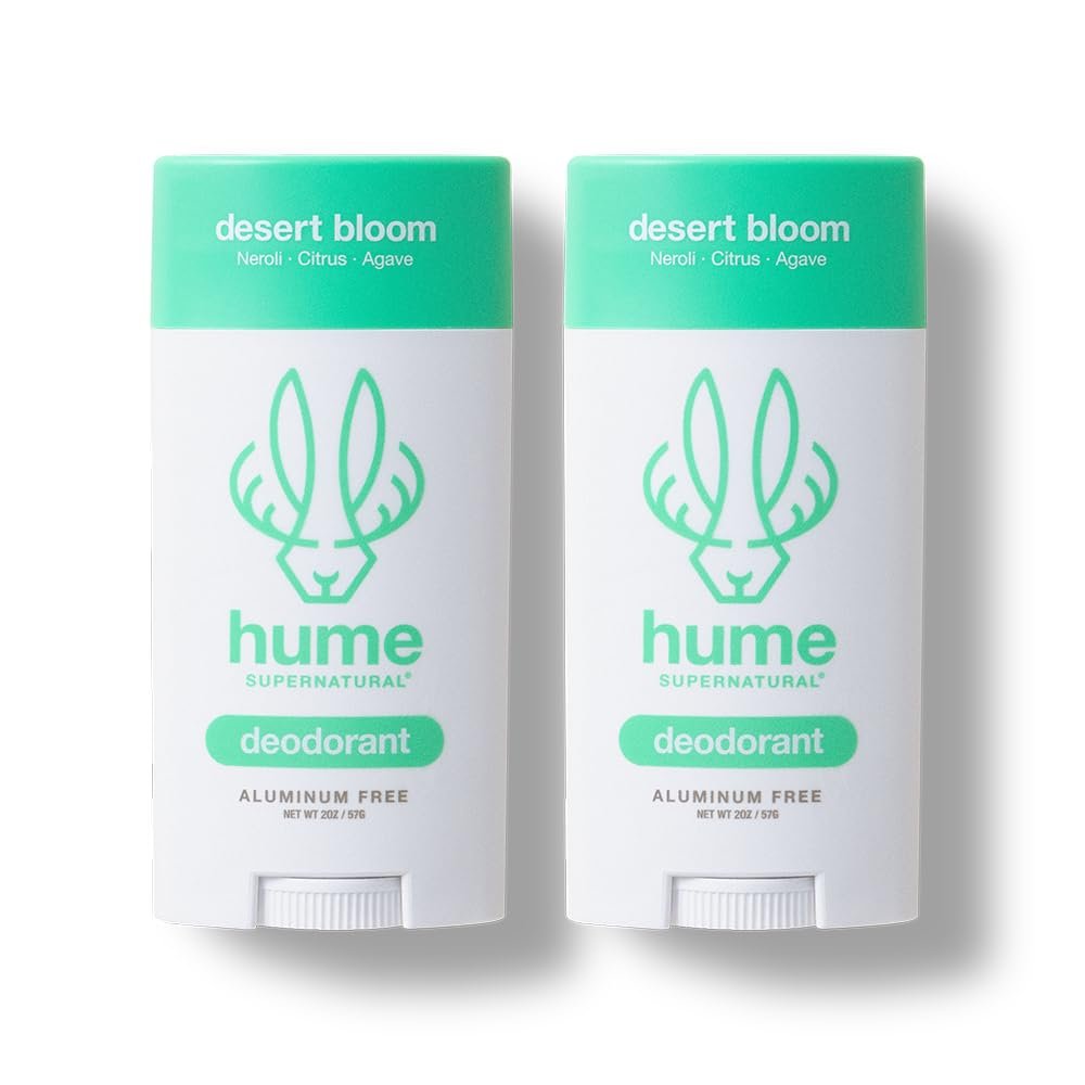 Hume Supernatural deodorant on a bathroom vanity shelf with minimal decor and natural morning light