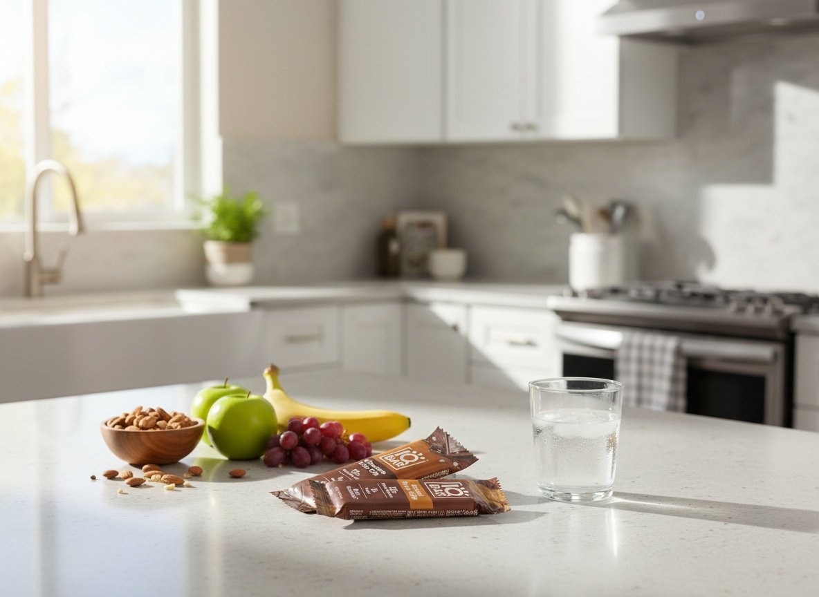 IQBAR variety pack sitting on a sunlit kitchen counter surrounded by fresh ingredients and a water glass