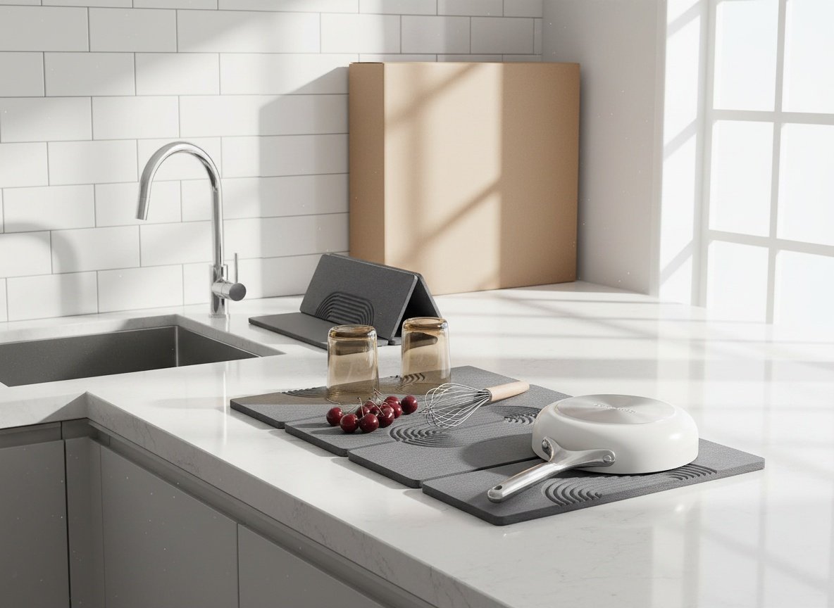Foldable stone drying mat placed on kitchen counter beside sink with natural light from window