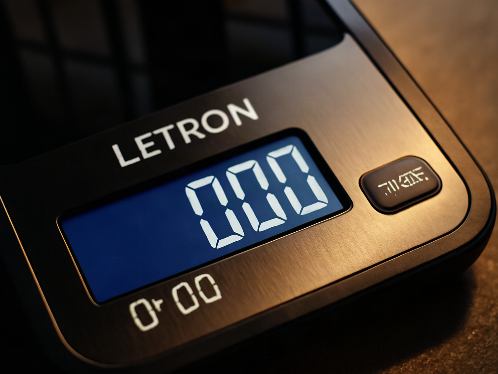 Letron food scale macro close-up showing LCD display and control buttons with shallow depth of field