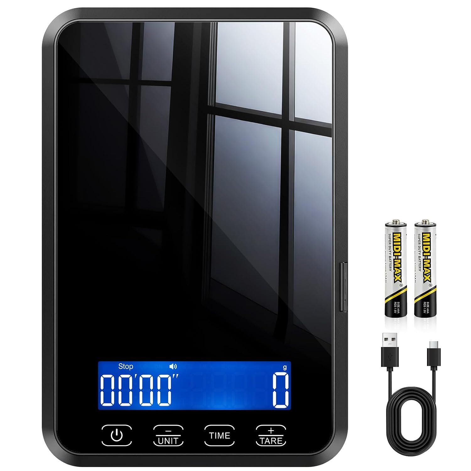Letron food scale on a kitchen counter next to fresh berries and baking ingredients in natural light